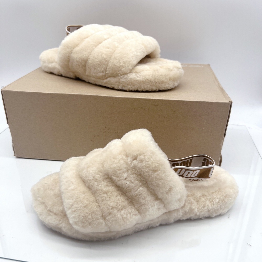 UGG Fluff Yeah Genuine Shearling Platform Slingback Sandal Slide Beige US 6 - Picture 2 of 12